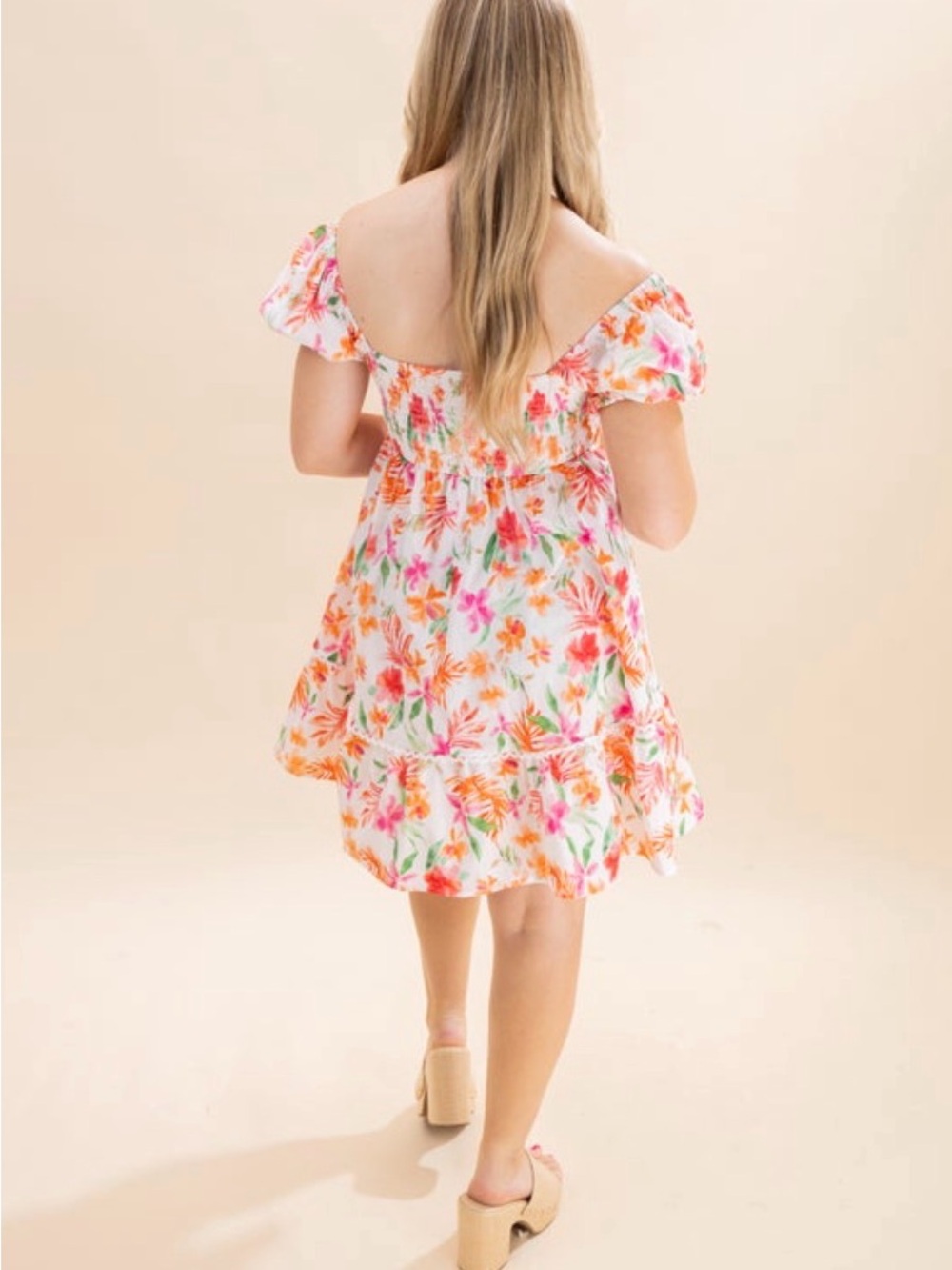 Umgee Floral Off-Shoulder Dress with Pink & Orange Blooms Sz S - Picture 2 of 3